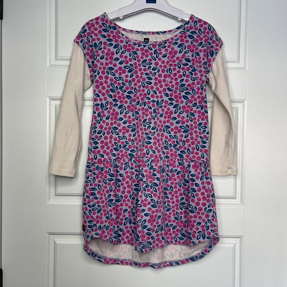 Tea Collection Floral Knit Dress Girls 6 Cotton Faux Layered Long‎ Sleeves FLAW - Picture 2 of 9
